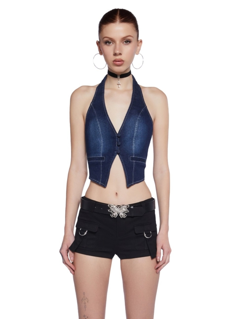 Dark Blue Denim Halter Crop Top with Front Buttons